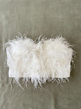 Luxe White Ostrich Style Feather Cropped Strapless Bodice Bridal Party Statement